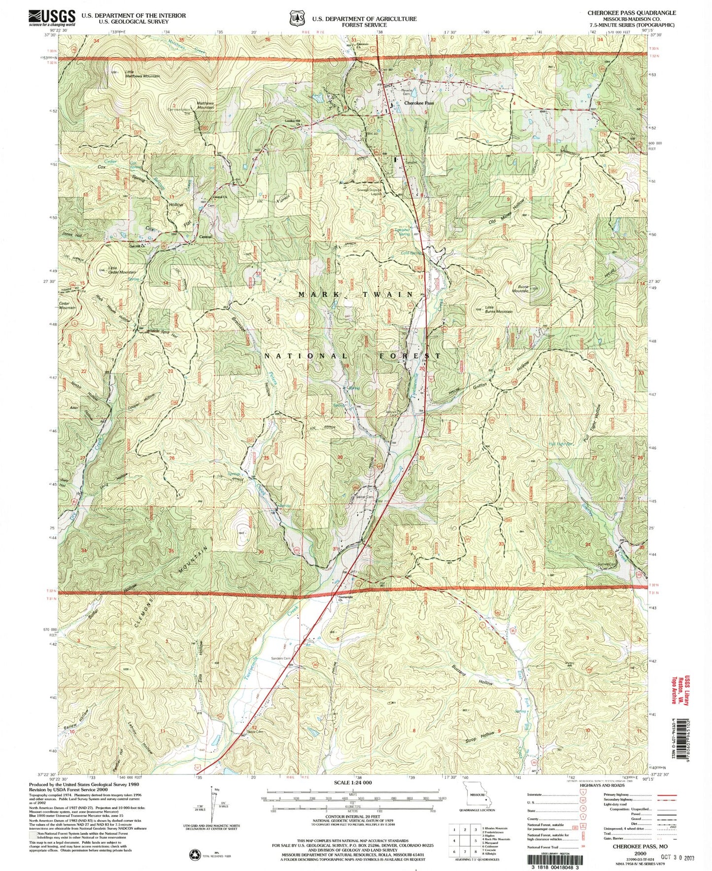 Classic USGS Cherokee Pass Missouri 7.5'x7.5' Topo Map Image