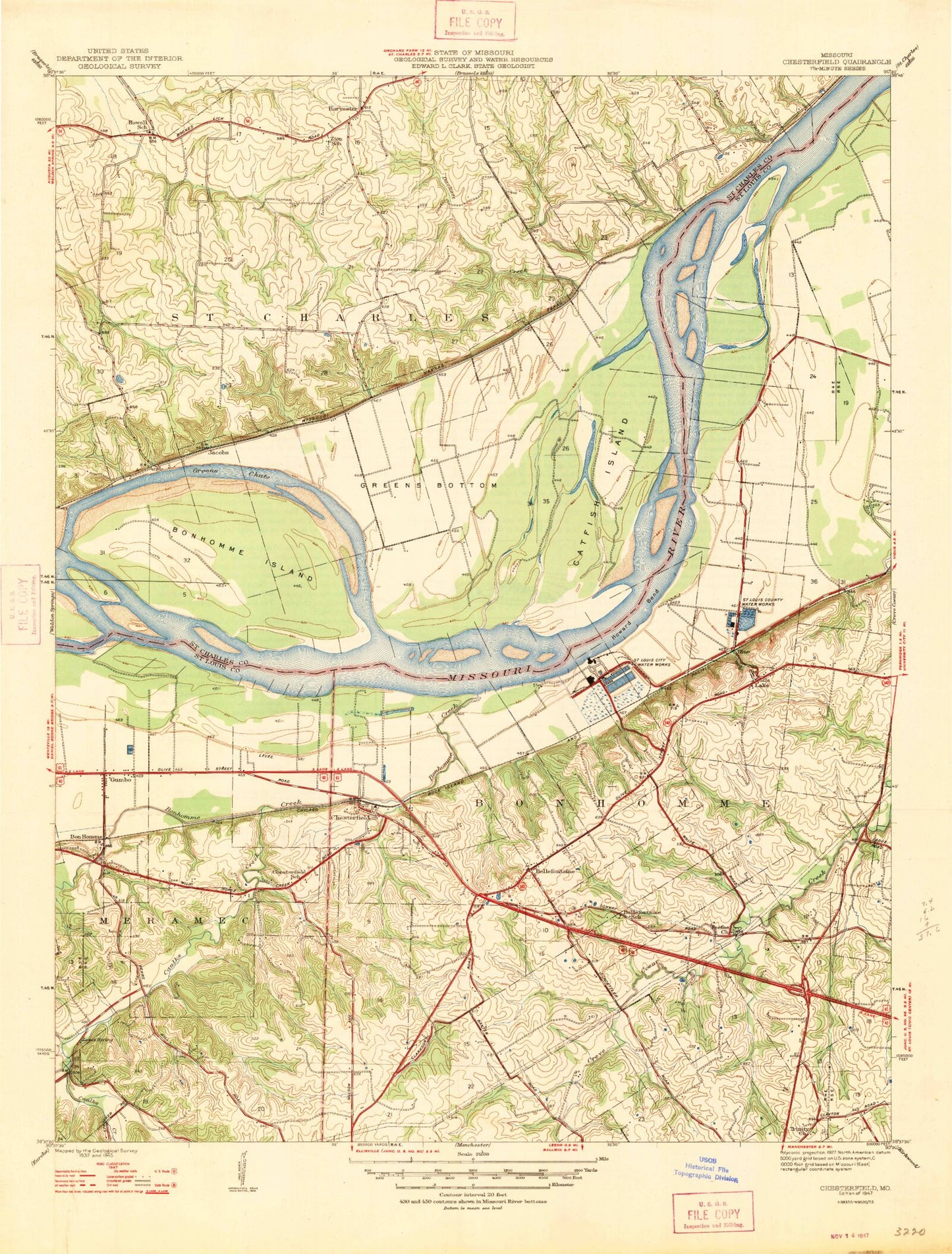 Classic USGS Chesterfield Missouri 7.5'x7.5' Topo Map Image
