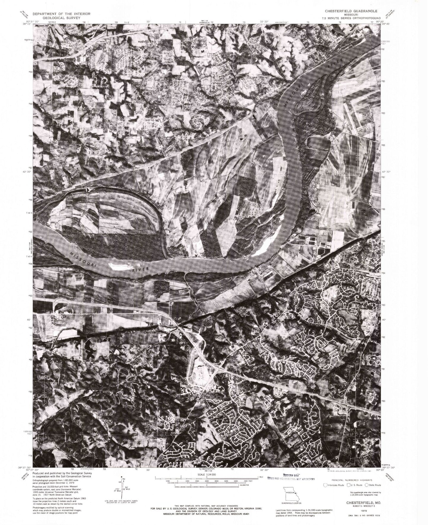Classic USGS Chesterfield Missouri 7.5'x7.5' Topo Map Image