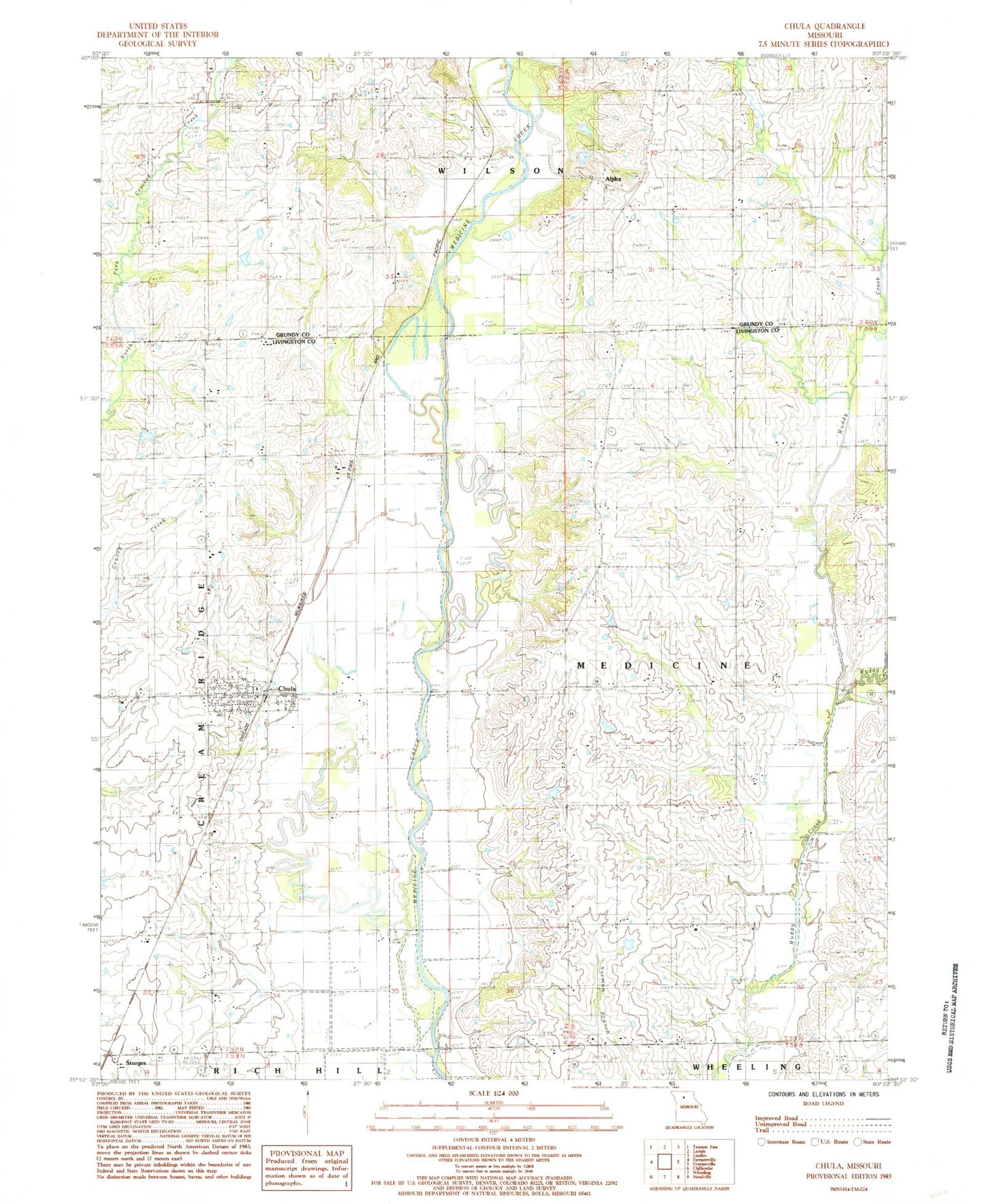 Classic USGS Chula Missouri 7.5'x7.5' Topo Map Image
