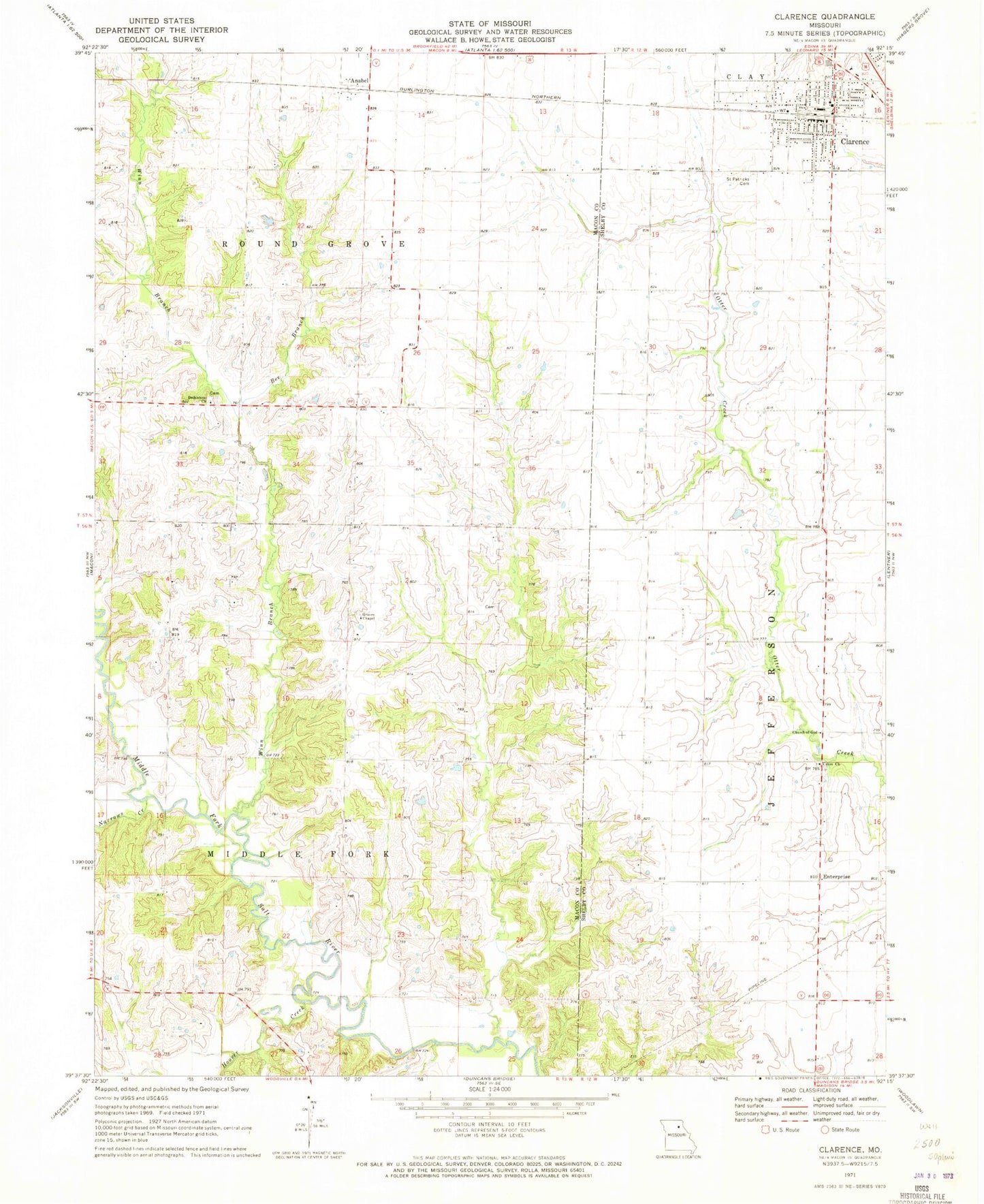 Classic USGS Clarence Missouri 7.5'x7.5' Topo Map Image