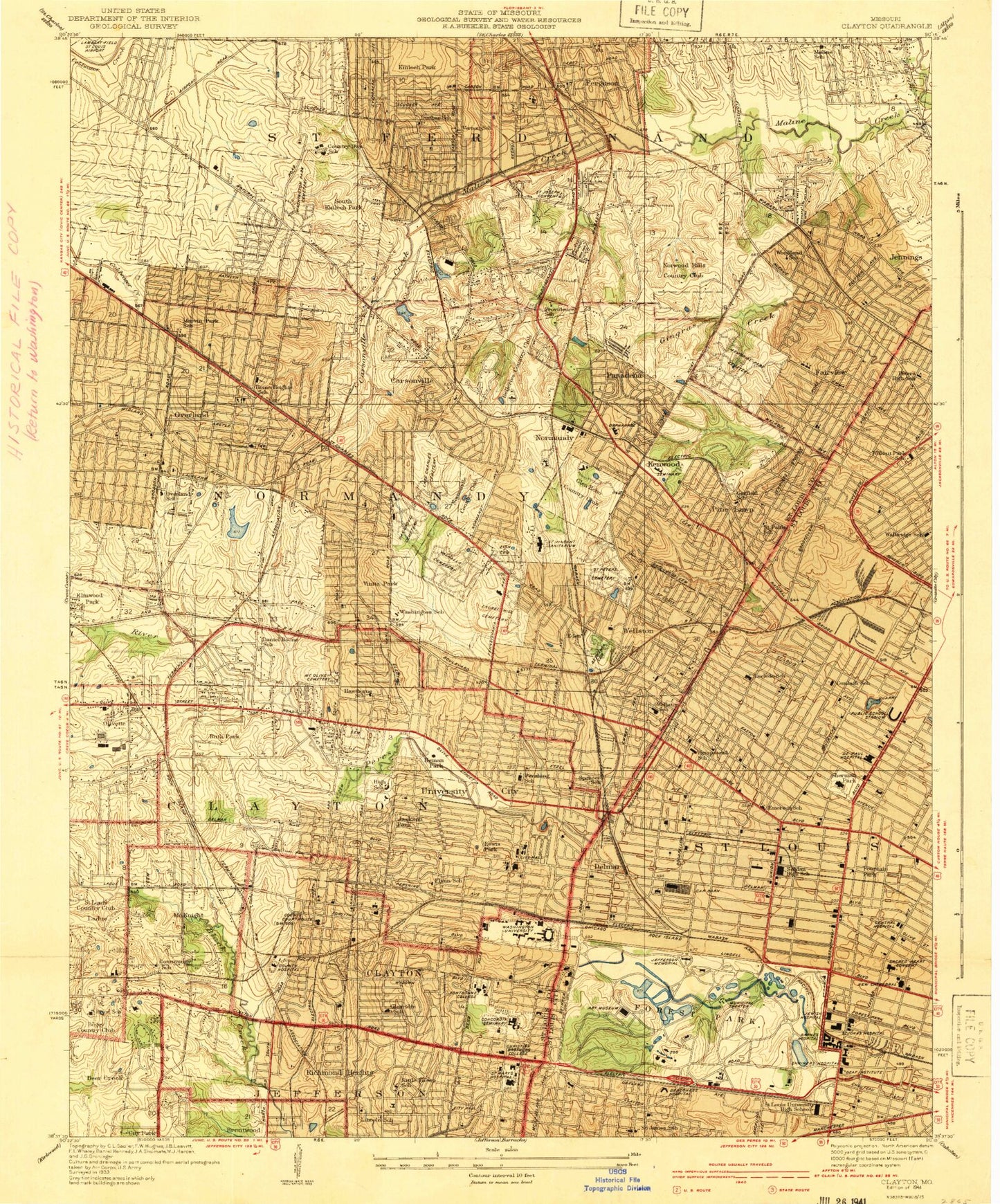 Classic USGS Clayton Missouri 7.5'x7.5' Topo Map Image