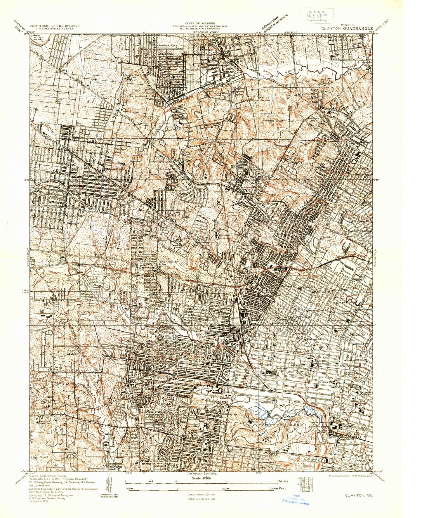 Classic USGS Clayton Missouri 7.5'x7.5' Topo Map Image
