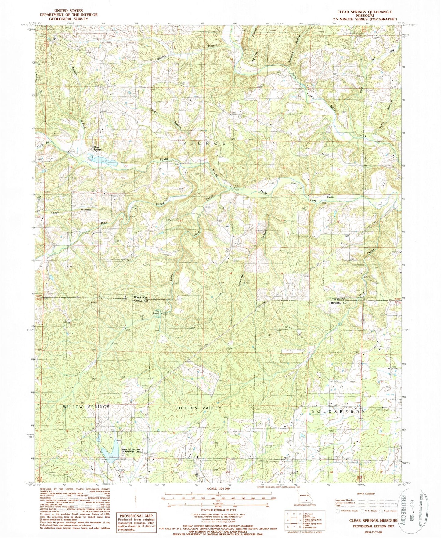 Classic USGS Clear Springs Missouri 7.5'x7.5' Topo Map Image