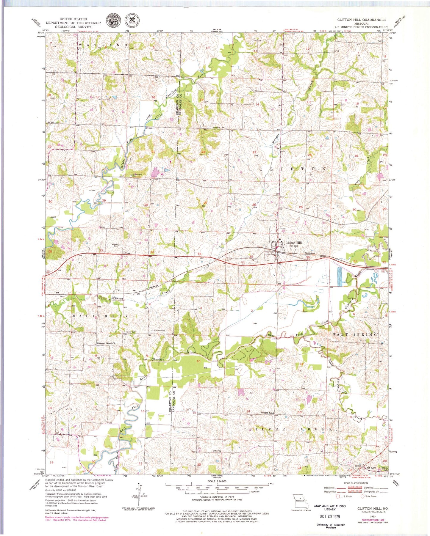 Classic USGS Clifton Hill Missouri 7.5'x7.5' Topo Map Image