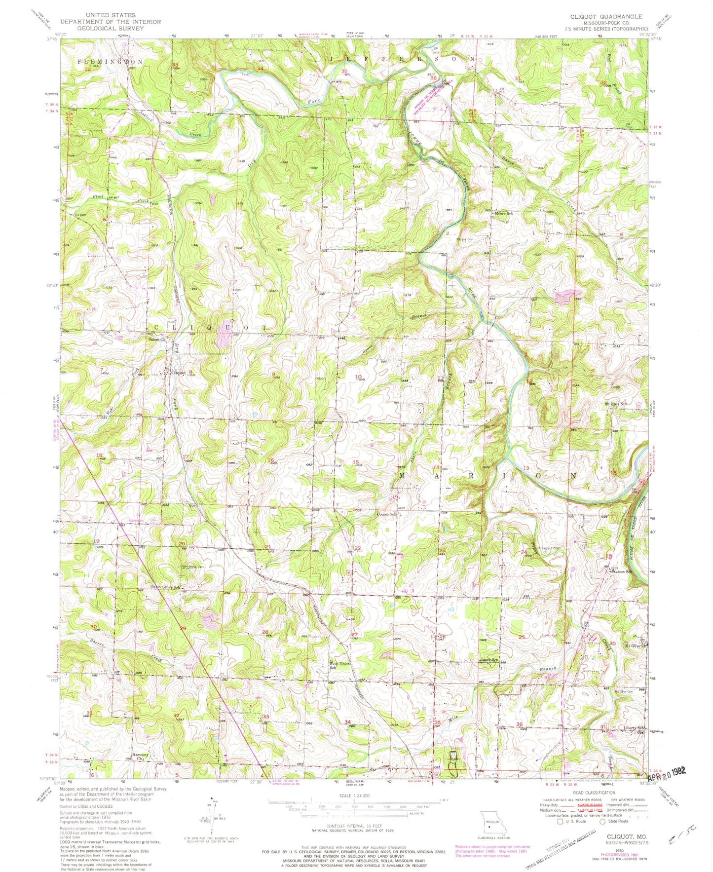 Classic USGS Cliquot Missouri 7.5'x7.5' Topo Map Image