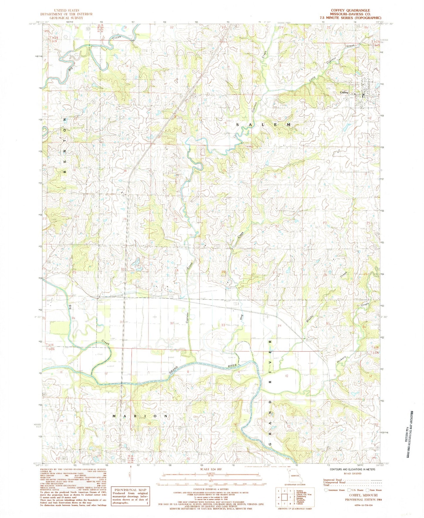 Classic USGS Coffey Missouri 7.5'x7.5' Topo Map Image