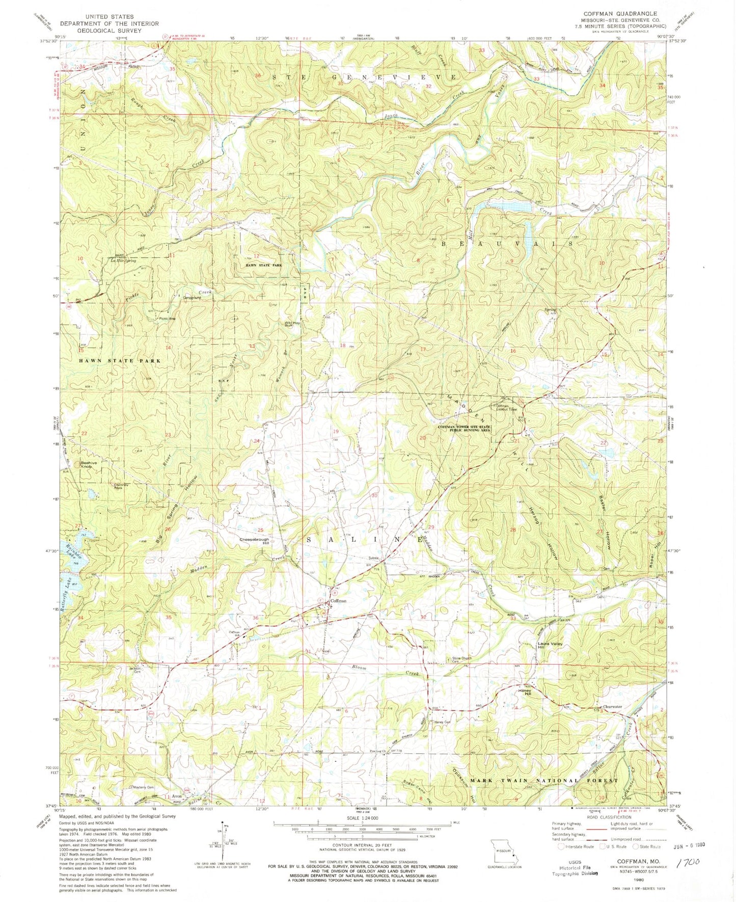 Classic USGS Coffman Missouri 7.5'x7.5' Topo Map Image