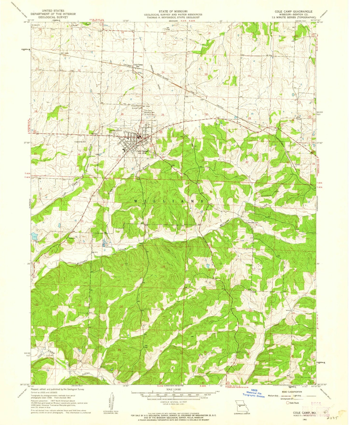 Classic USGS Cole Camp Missouri 7.5'x7.5' Topo Map Image