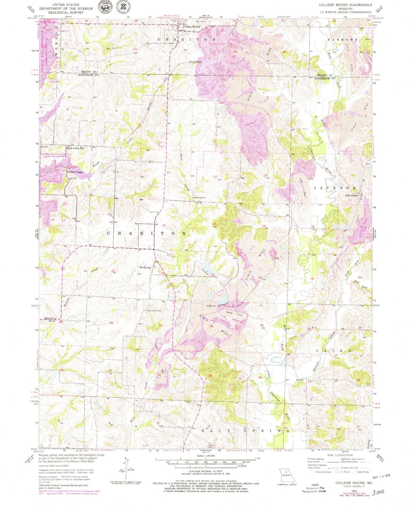 Classic USGS College Mound Missouri 7.5'x7.5' Topo Map Image