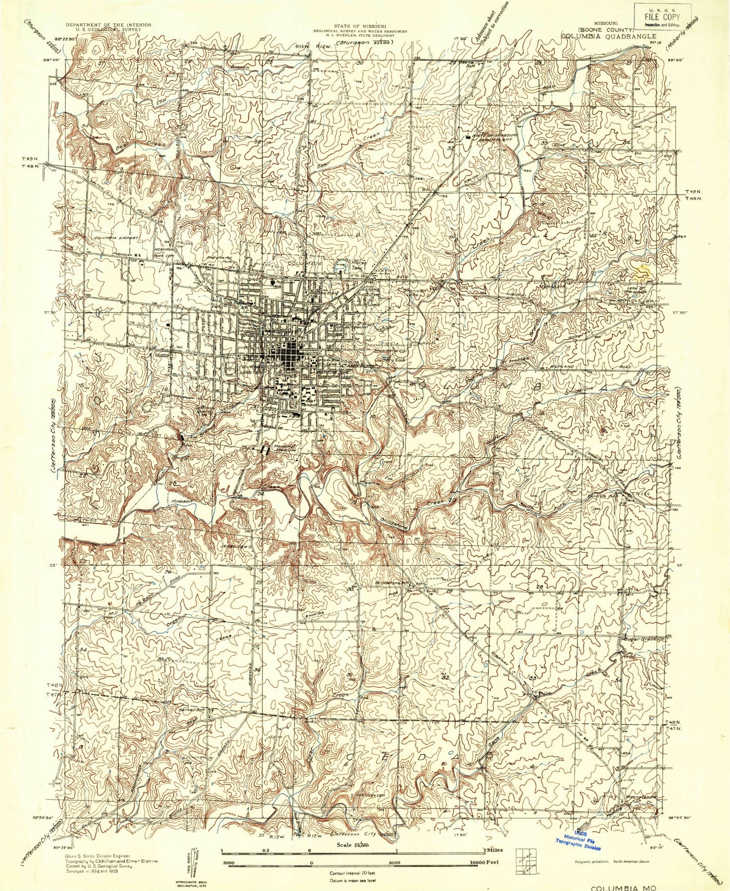 Classic USGS Columbia Missouri 7.5'x7.5' Topo Map Image