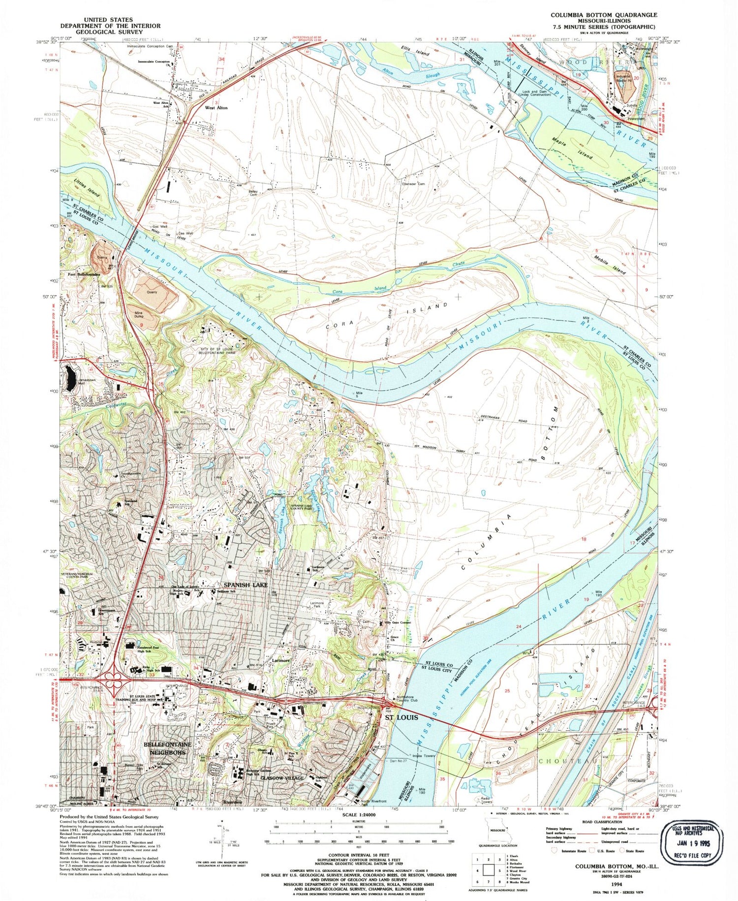 Classic USGS Columbia Bottom Missouri 7.5'x7.5' Topo Map Image