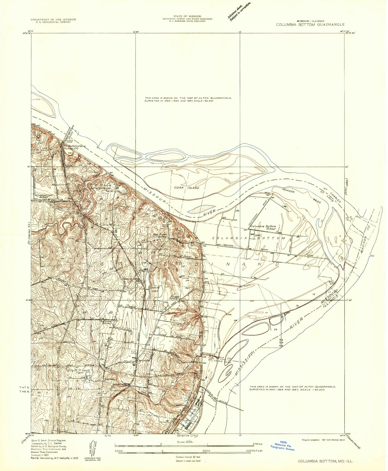 Classic USGS Columbia Bottom Missouri 7.5'x7.5' Topo Map Image
