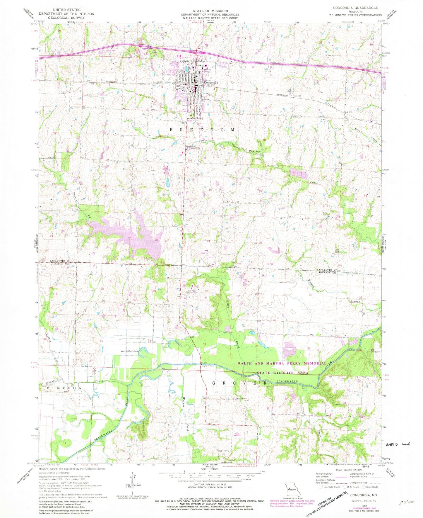 Classic USGS Concordia Missouri 7.5'x7.5' Topo Map Image