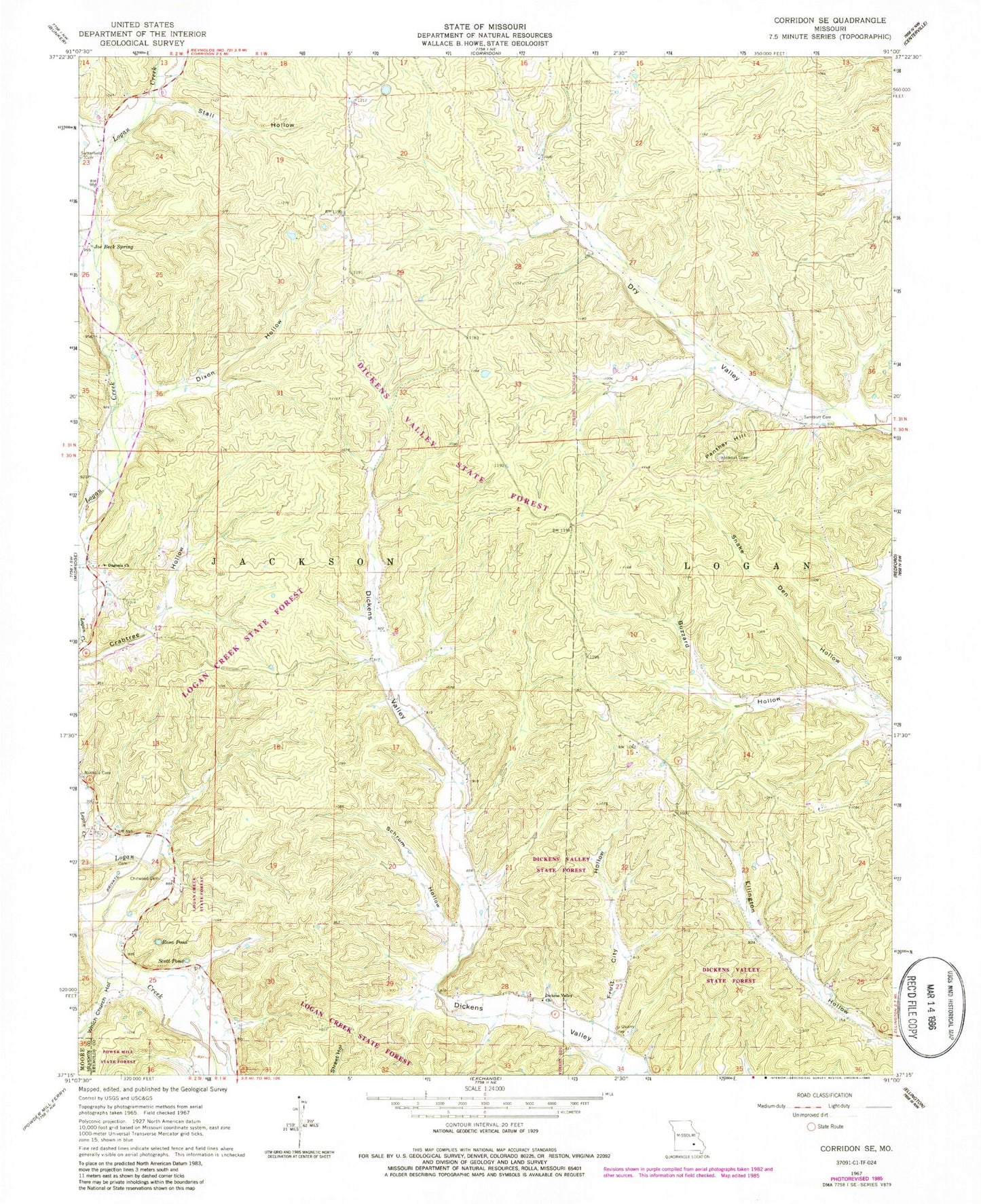 Classic USGS Corridon SE Missouri 7.5'x7.5' Topo Map Image