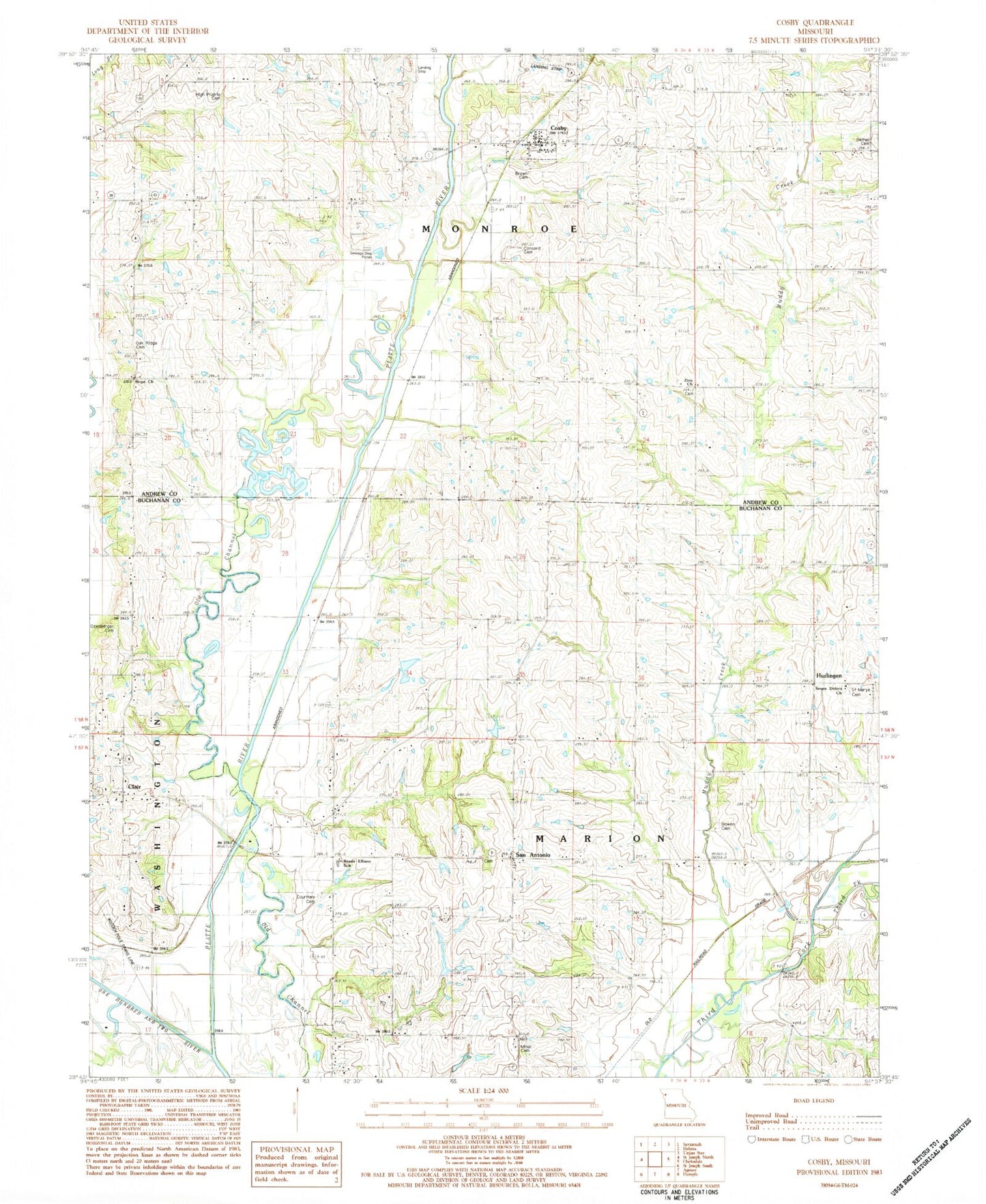 Classic USGS Cosby Missouri 7.5'x7.5' Topo Map Image