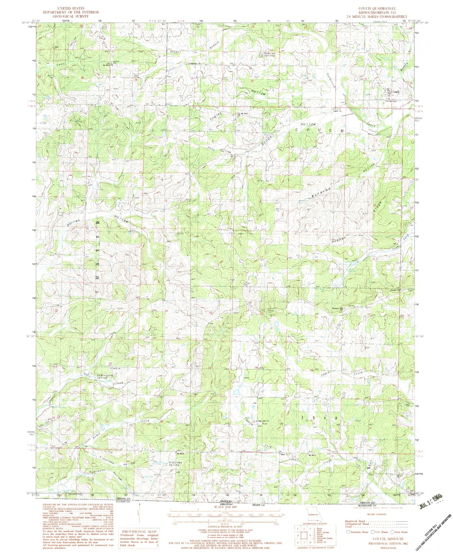 Classic USGS Couch Missouri 7.5'x7.5' Topo Map Image