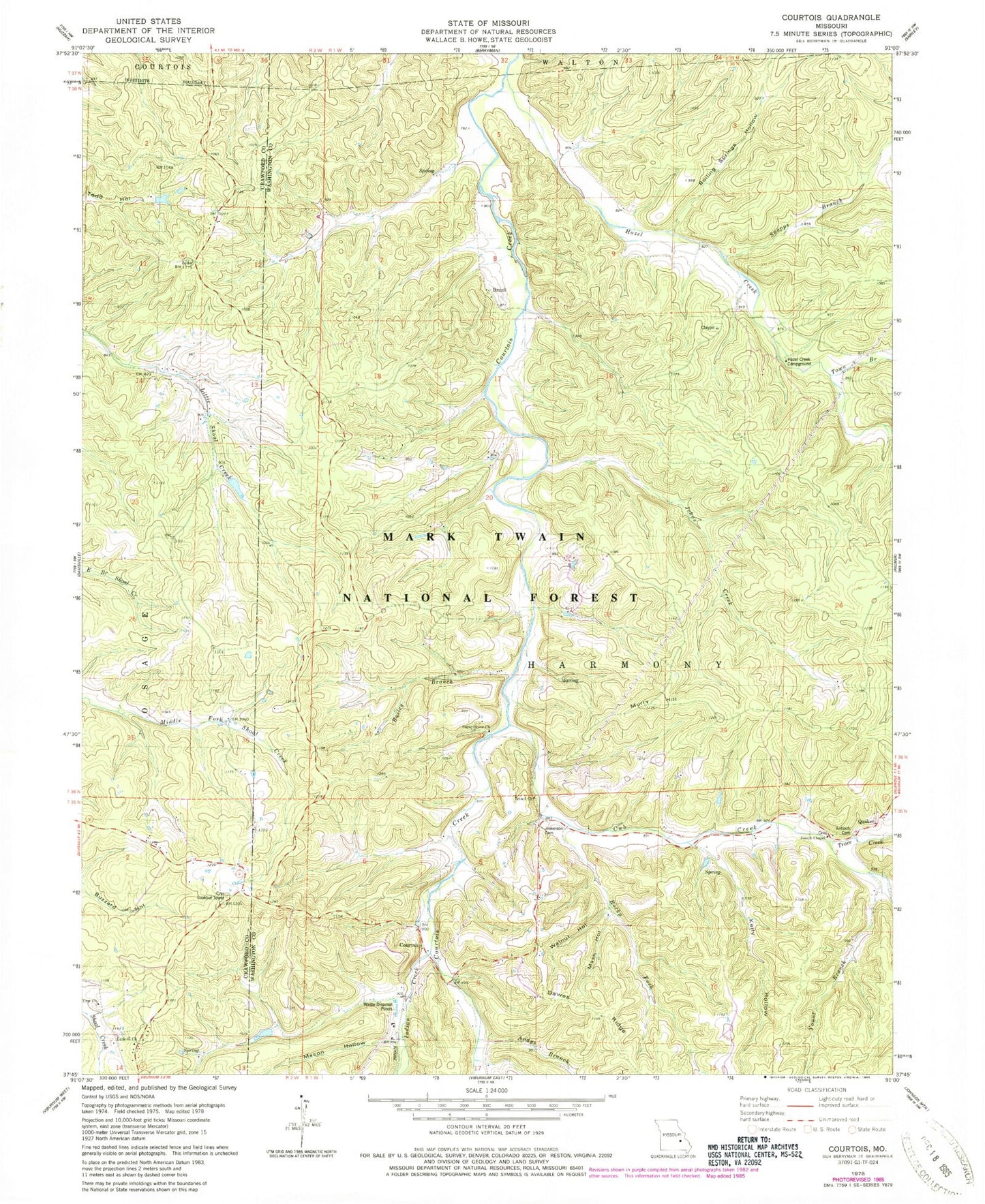 Classic USGS Courtois Missouri 7.5'x7.5' Topo Map Image