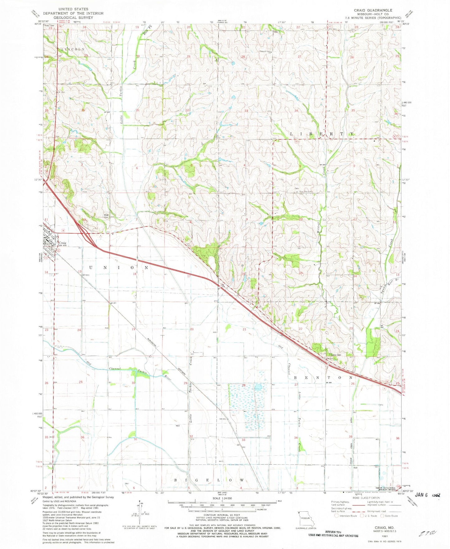 Classic USGS Craig Missouri 7.5'x7.5' Topo Map Image