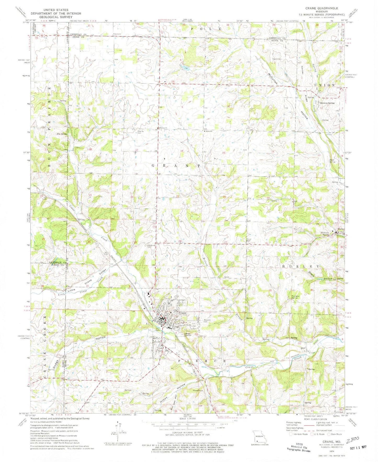 Classic USGS Crane Missouri 7.5'x7.5' Topo Map Image