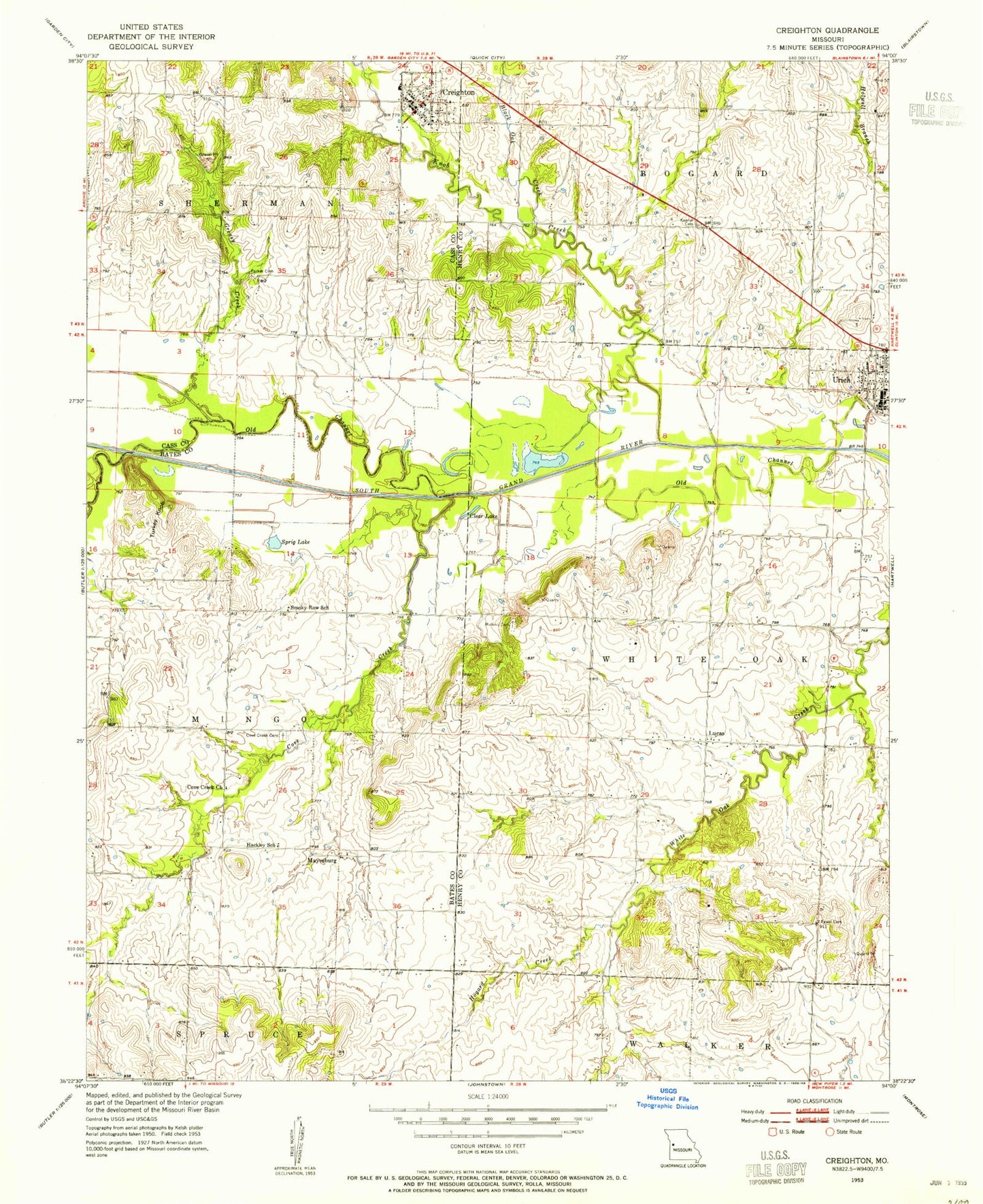 Classic USGS Creighton Missouri 7.5'x7.5' Topo Map Image