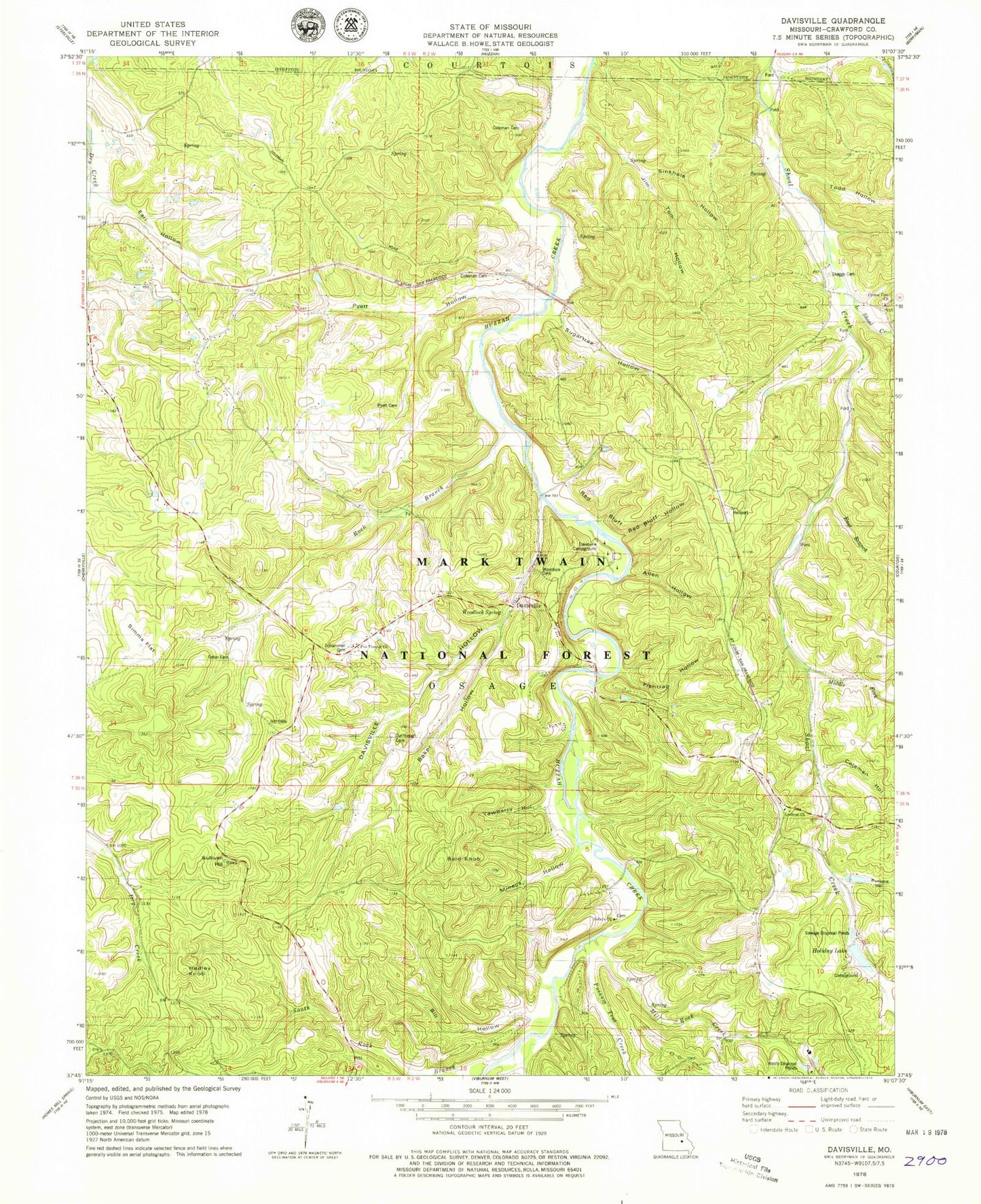 Classic USGS Davisville Missouri 7.5'x7.5' Topo Map Image
