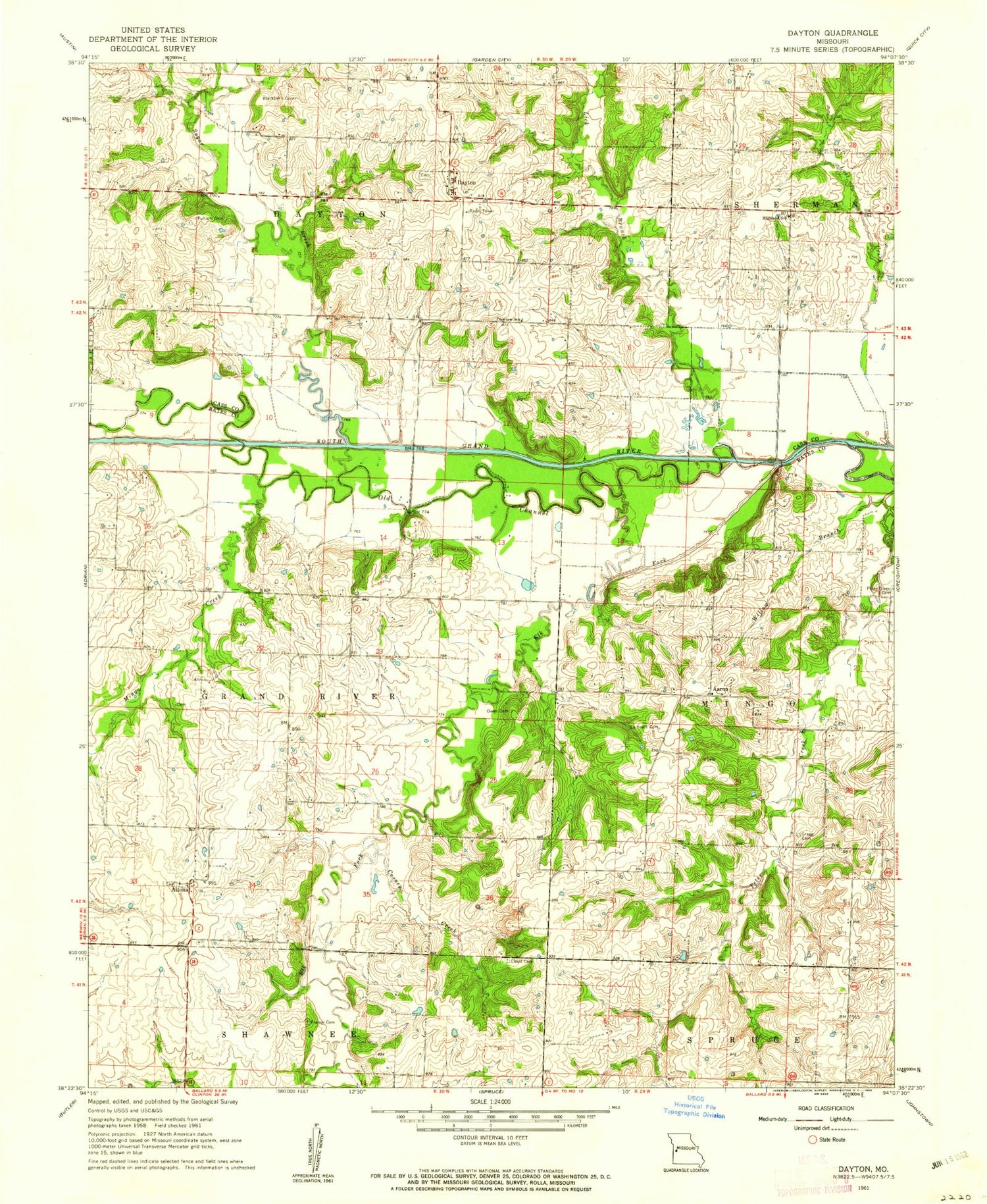 Classic USGS Dayton Missouri 7.5'x7.5' Topo Map Image
