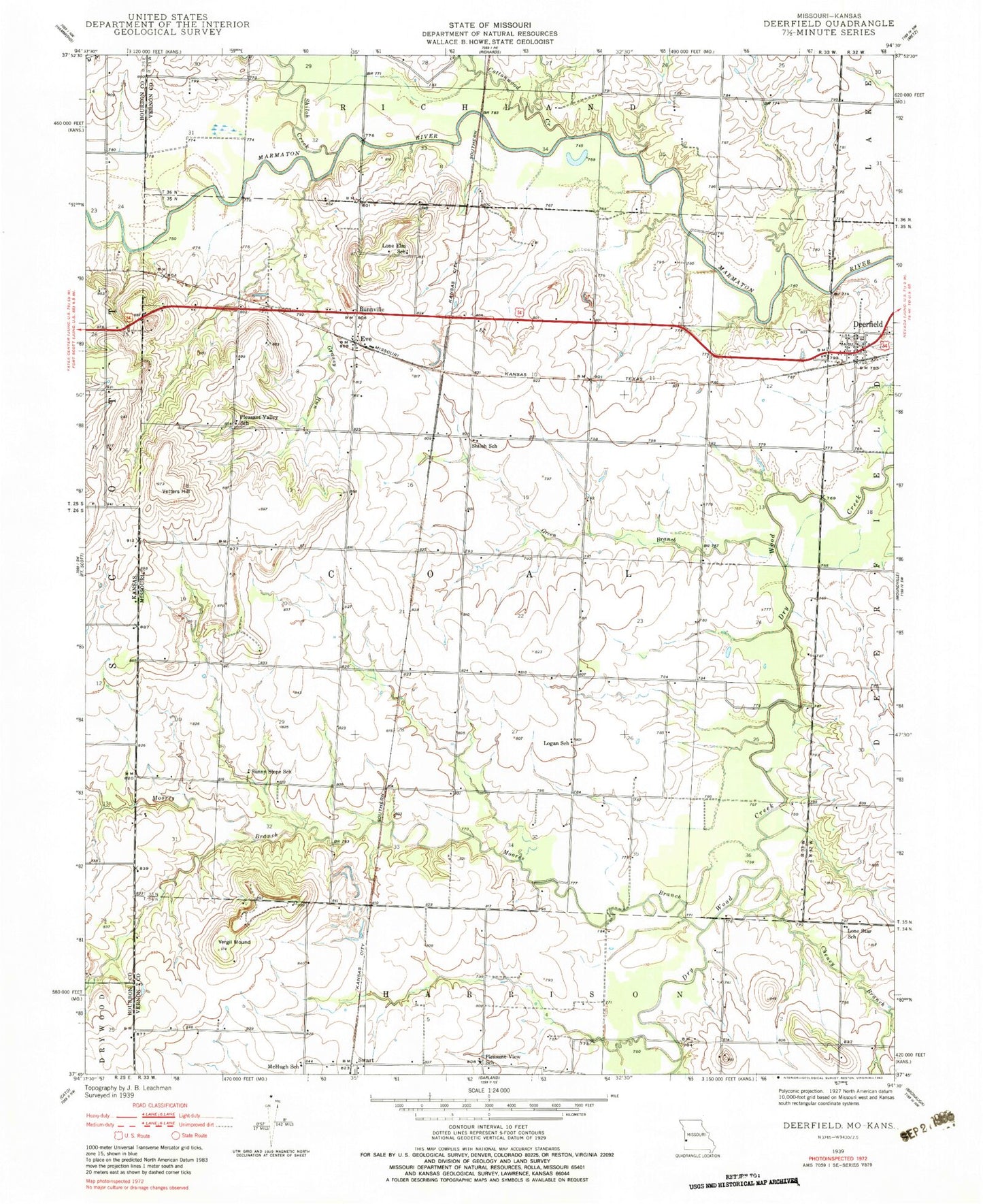 Classic USGS Deerfield Missouri 7.5'x7.5' Topo Map Image