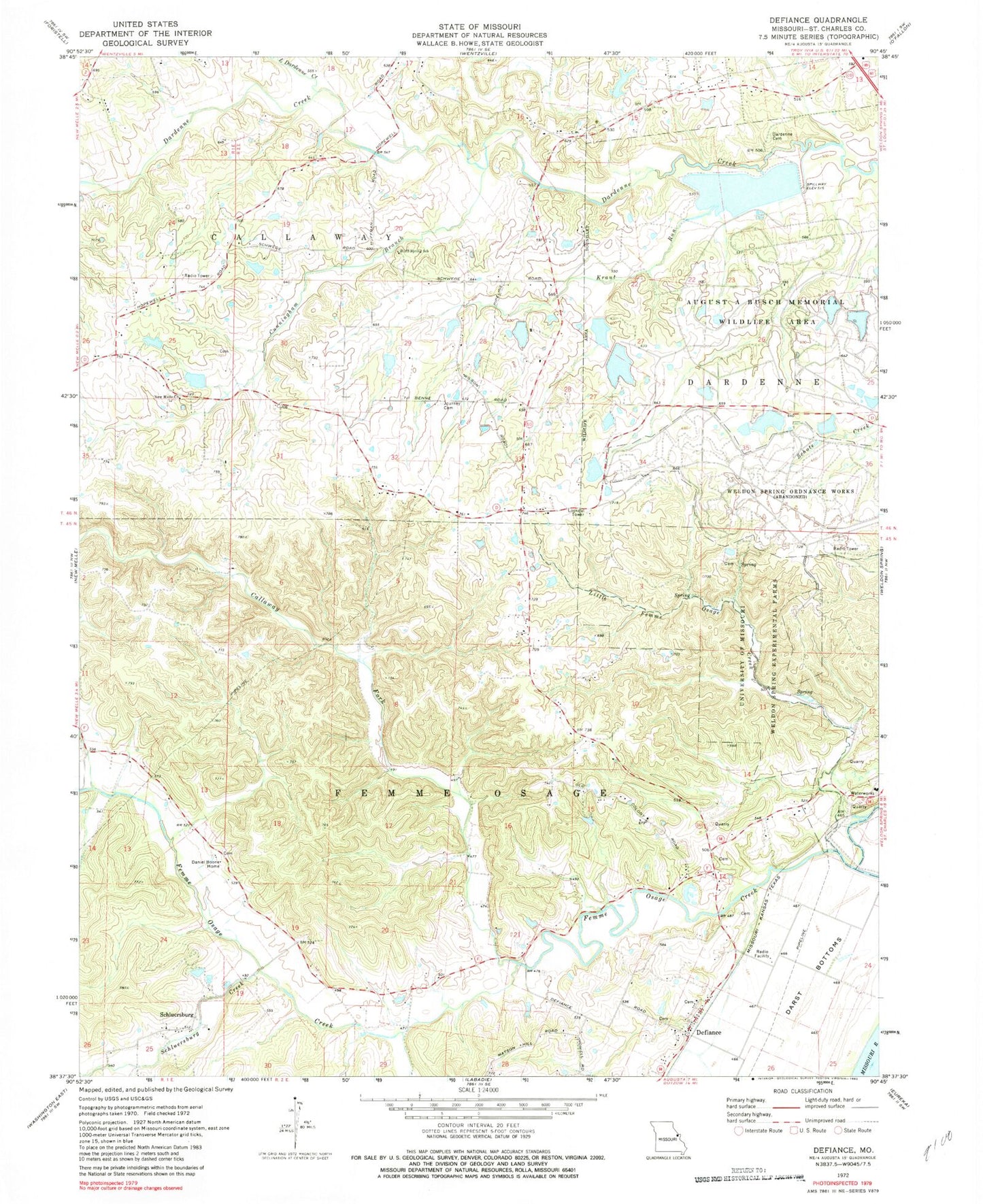Classic USGS Defiance Missouri 7.5'x7.5' Topo Map Image