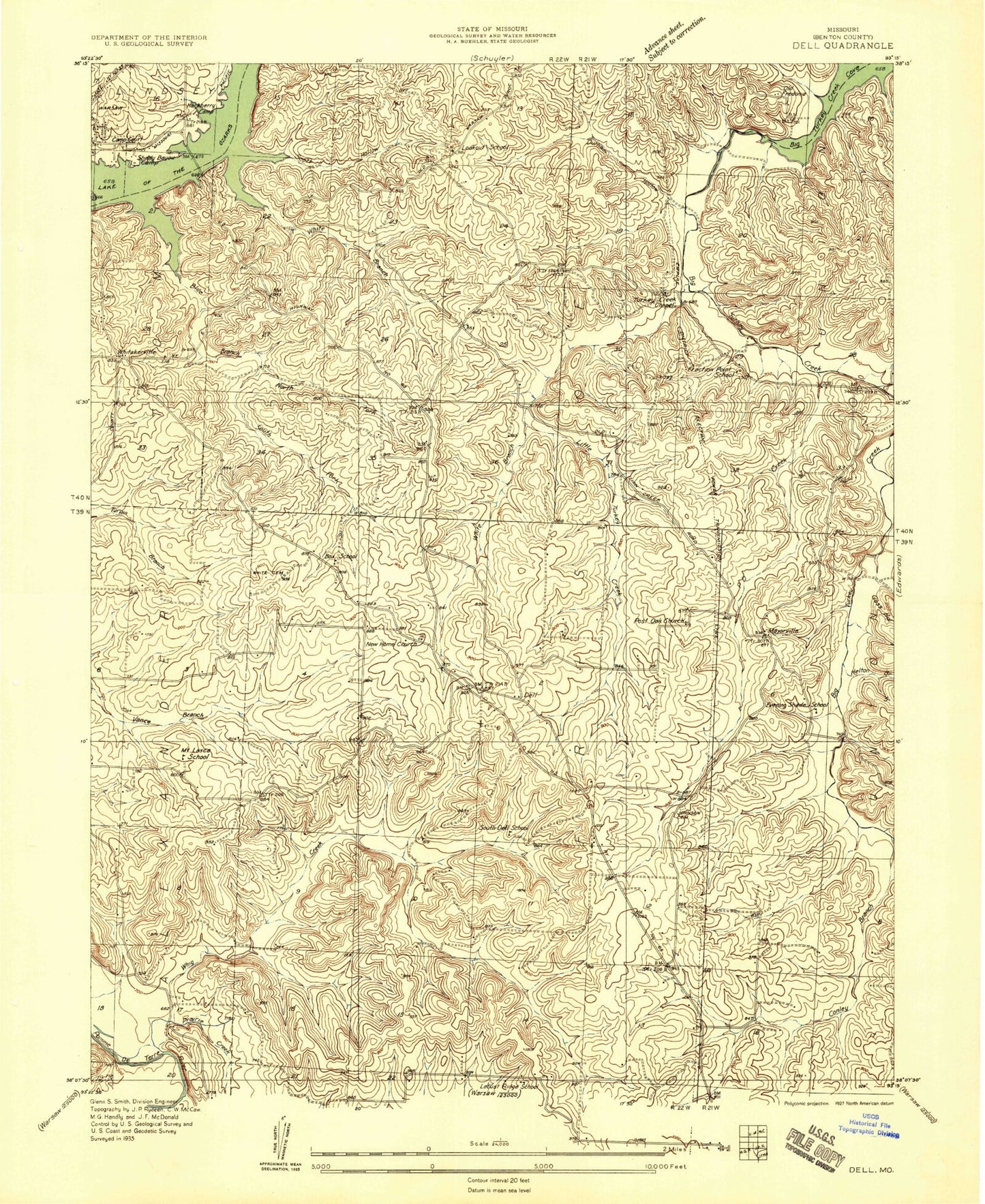 Classic USGS Warsaw East Missouri 7.5'x7.5' Topo Map Image