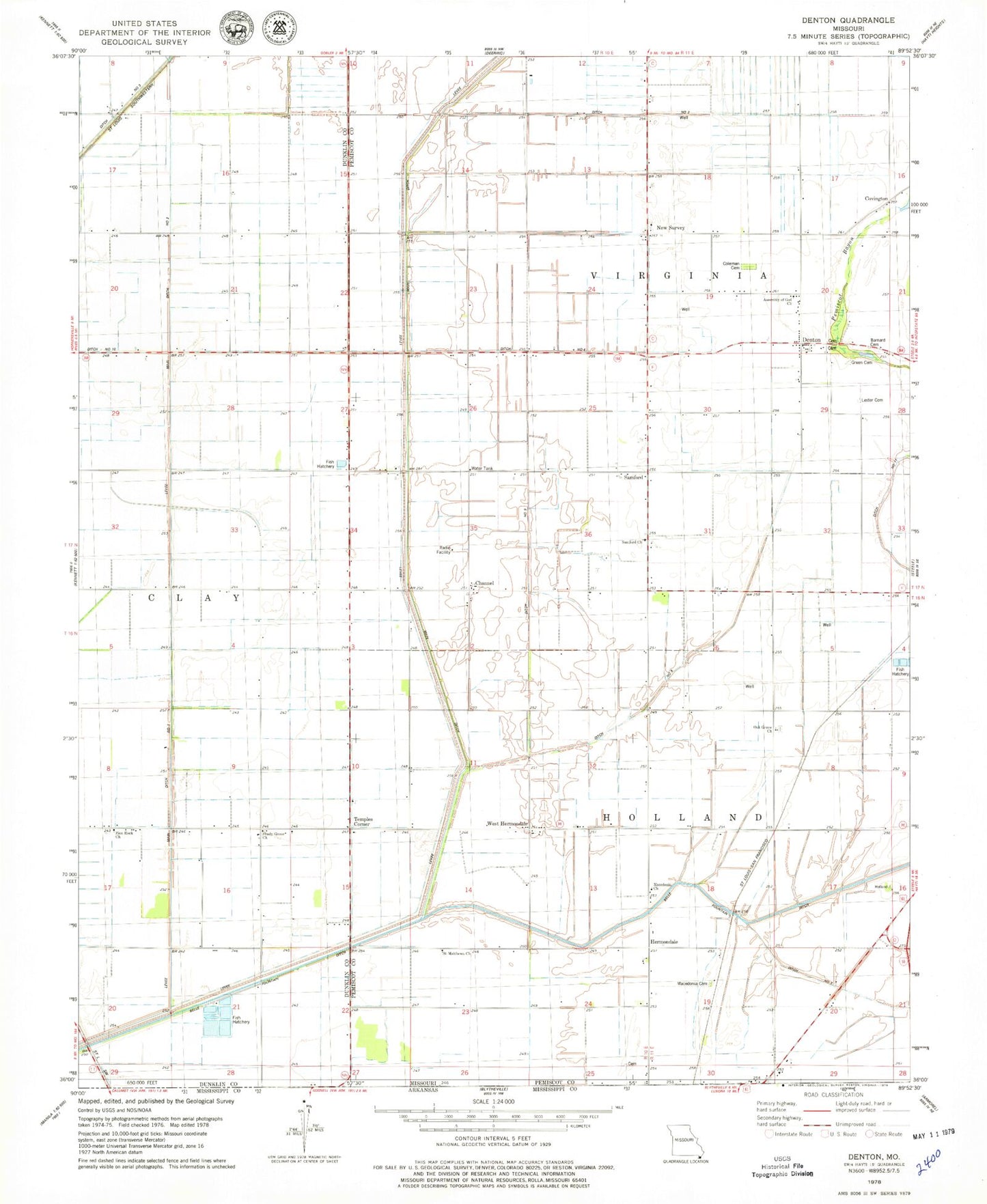 Classic USGS Denton Missouri 7.5'x7.5' Topo Map Image