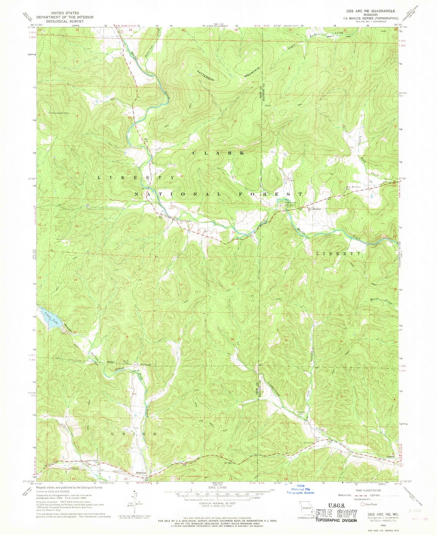 Classic USGS Des Arc NE Missouri 7.5'x7.5' Topo Map Image