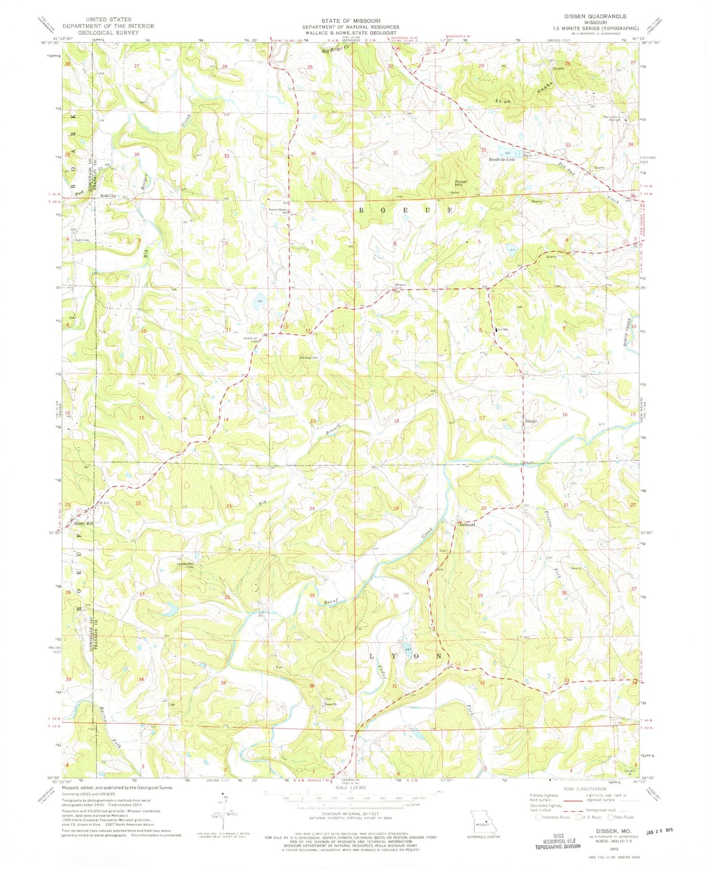 Classic USGS Dissen Missouri 7.5'x7.5' Topo Map Image
