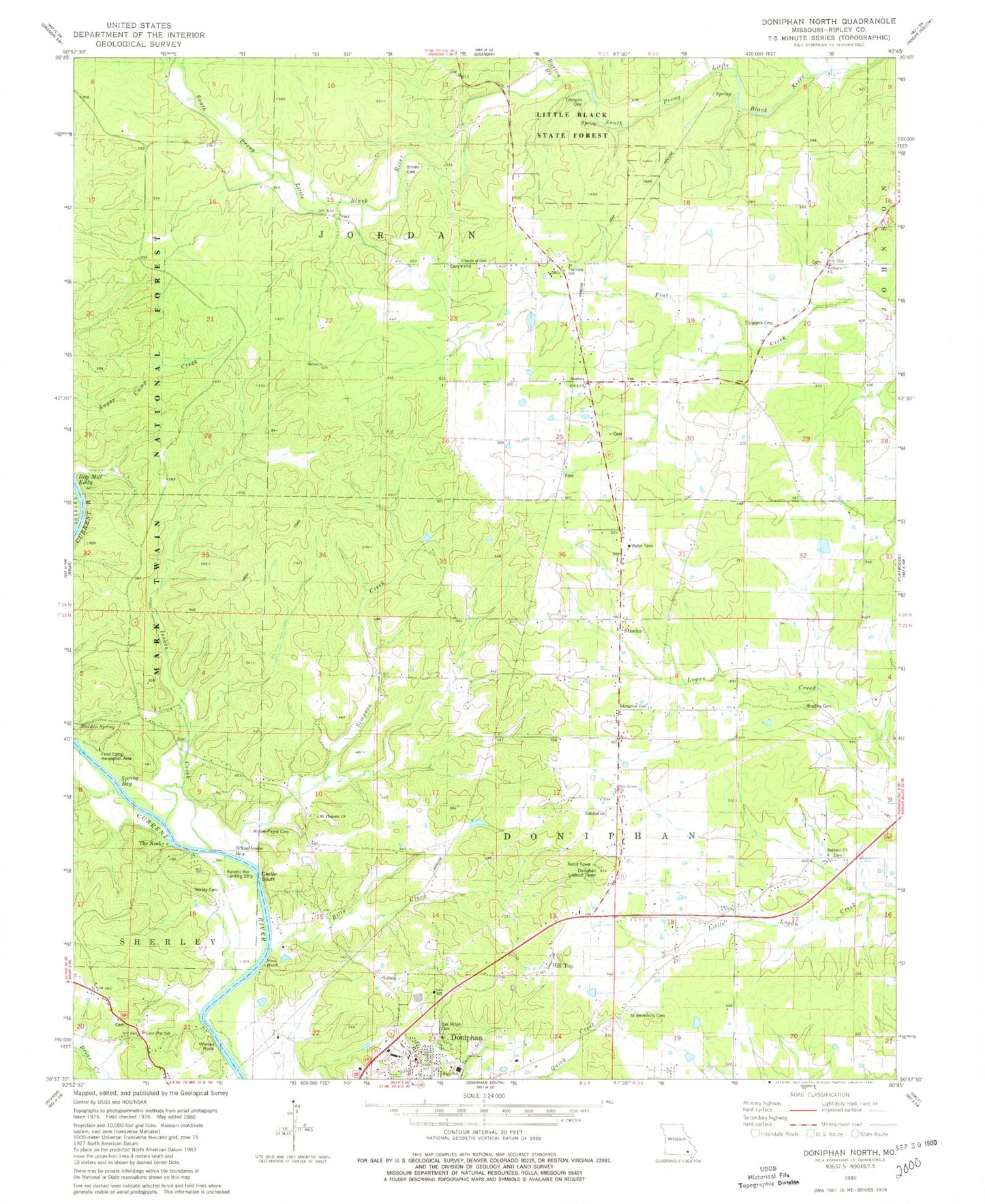 Classic USGS Doniphan North Missouri 7.5'x7.5' Topo Map Image