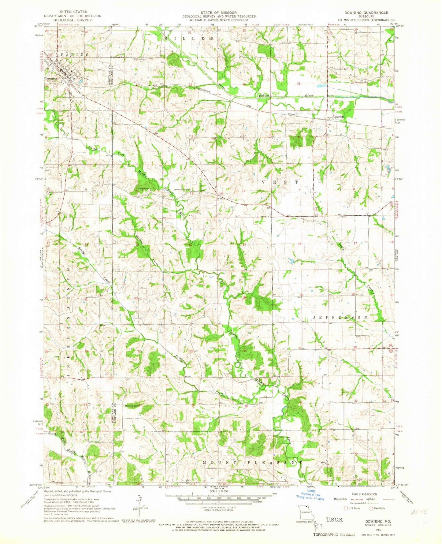 Classic USGS Downing Missouri 7.5'x7.5' Topo Map Image