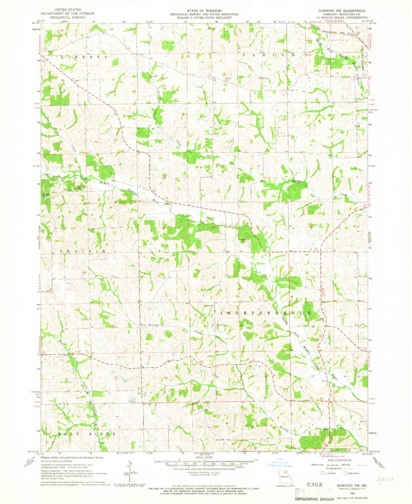 Classic USGS Downing NW Missouri 7.5'x7.5' Topo Map Image