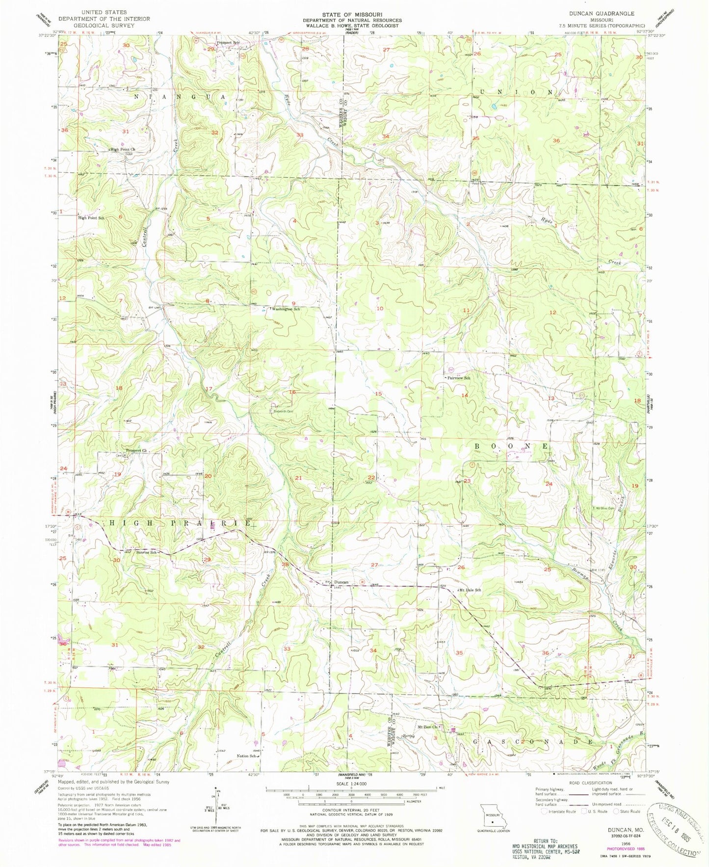 Classic USGS Duncan Missouri 7.5'x7.5' Topo Map Image