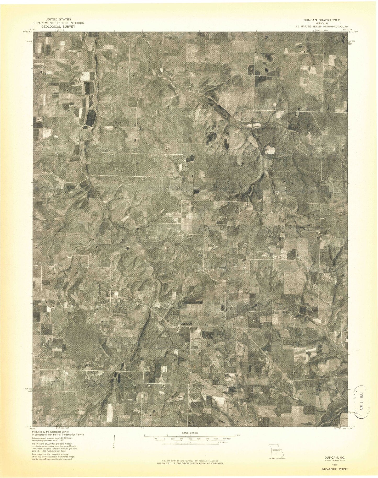 Classic USGS Duncan Missouri 7.5'x7.5' Topo Map Image