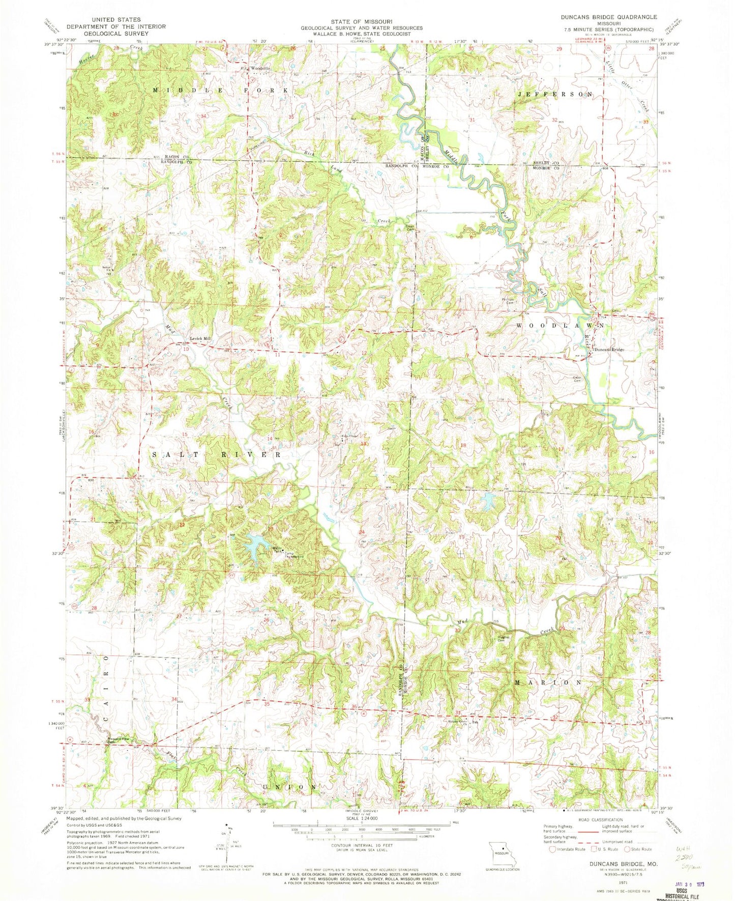 Classic USGS Duncans Bridge Missouri 7.5'x7.5' Topo Map Image