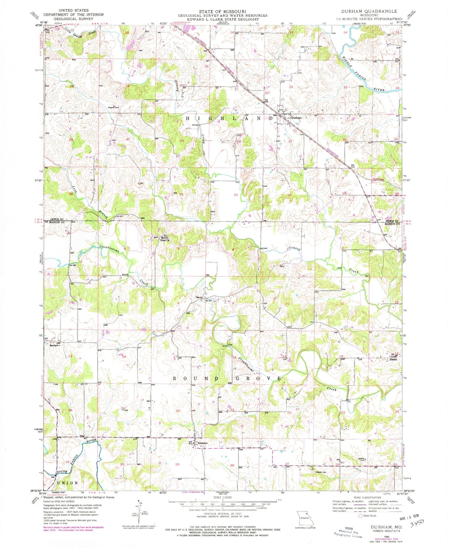 Classic USGS Durham Missouri 7.5'x7.5' Topo Map Image