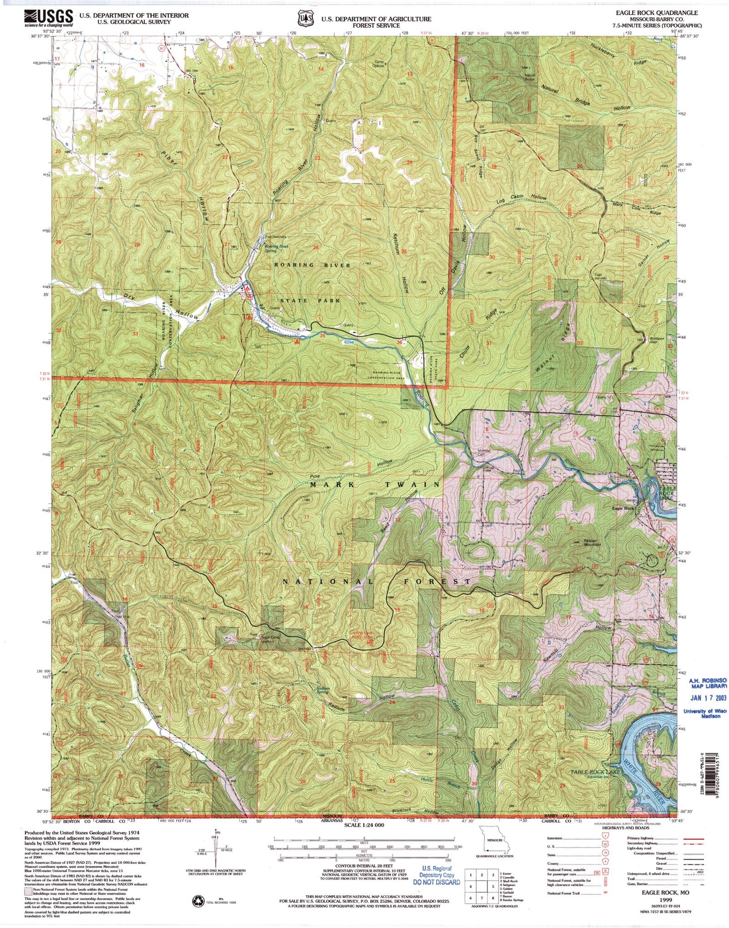 Classic USGS Eagle Rock Missouri 7.5'x7.5' Topo Map Image