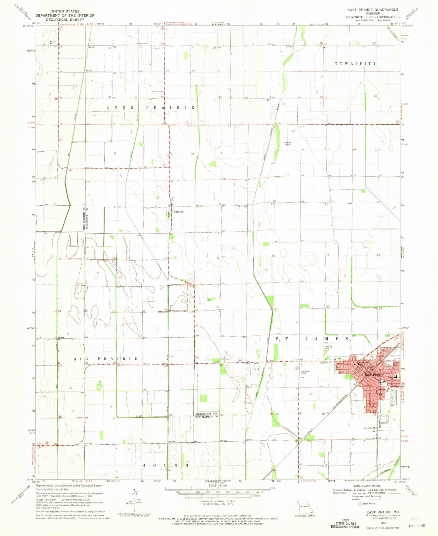 Classic USGS East Prairie Missouri 7.5'x7.5' Topo Map Image