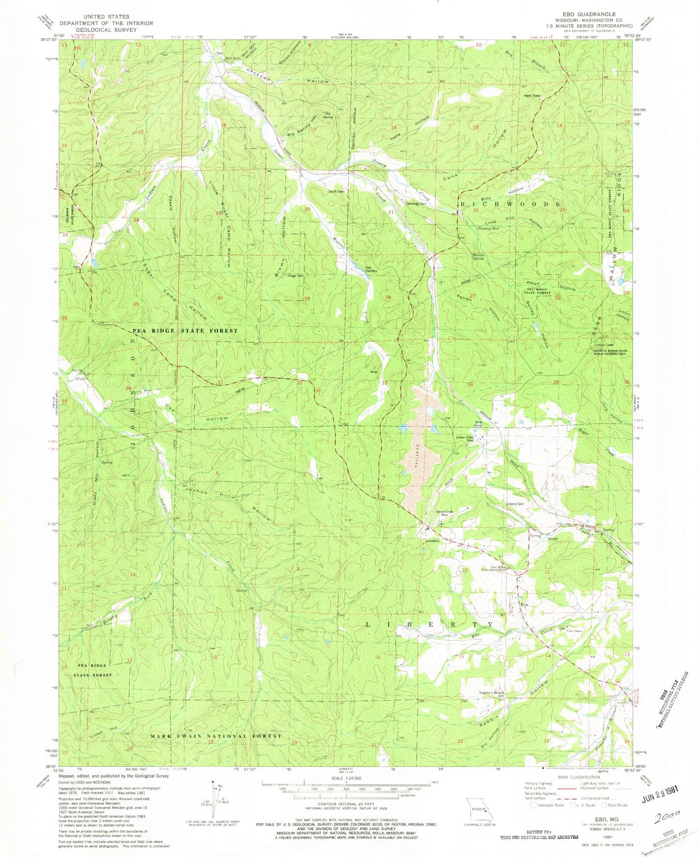 Classic USGS Ebo Missouri 7.5'x7.5' Topo Map Image