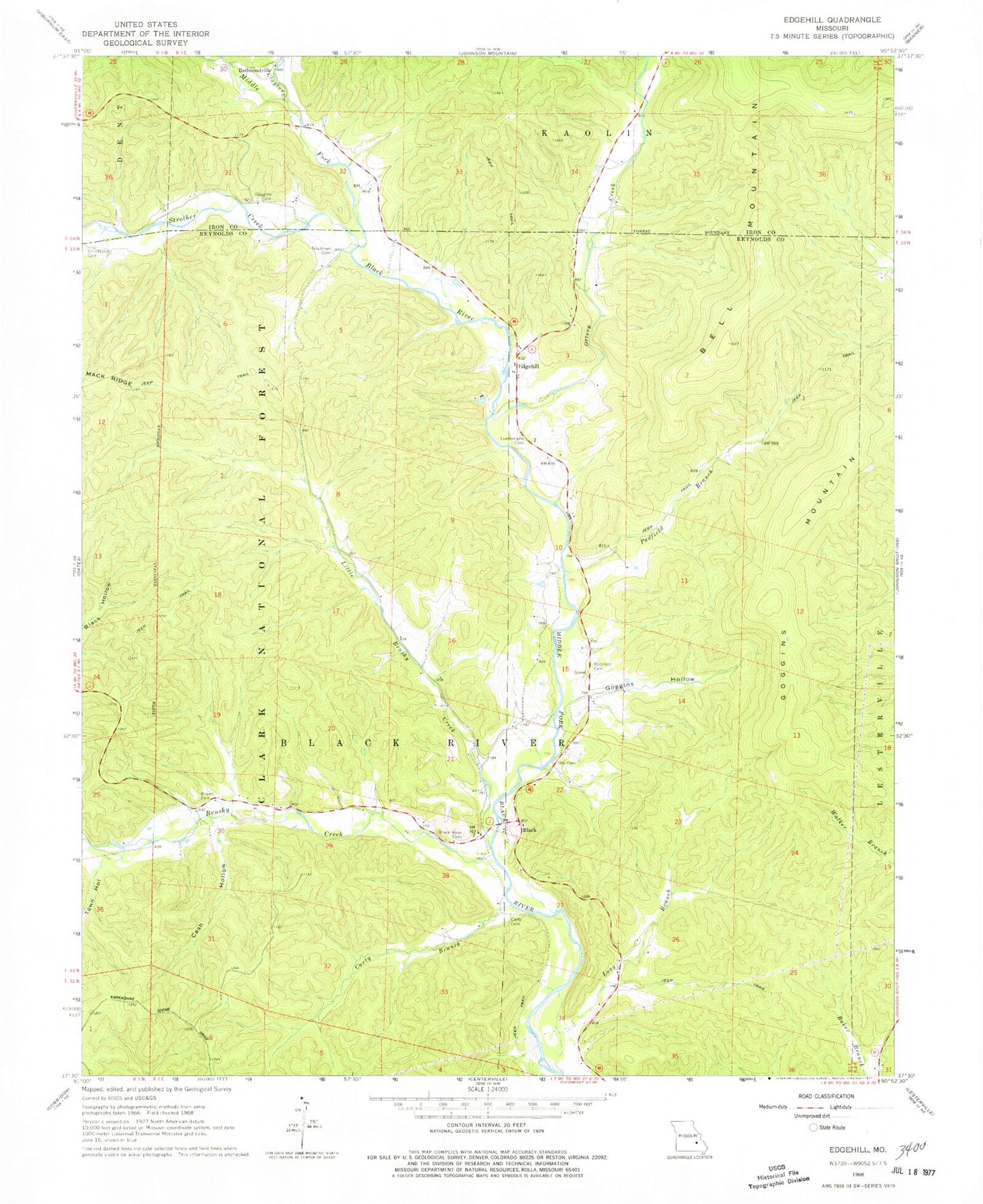 Classic USGS Edgehill Missouri 7.5'x7.5' Topo Map Image