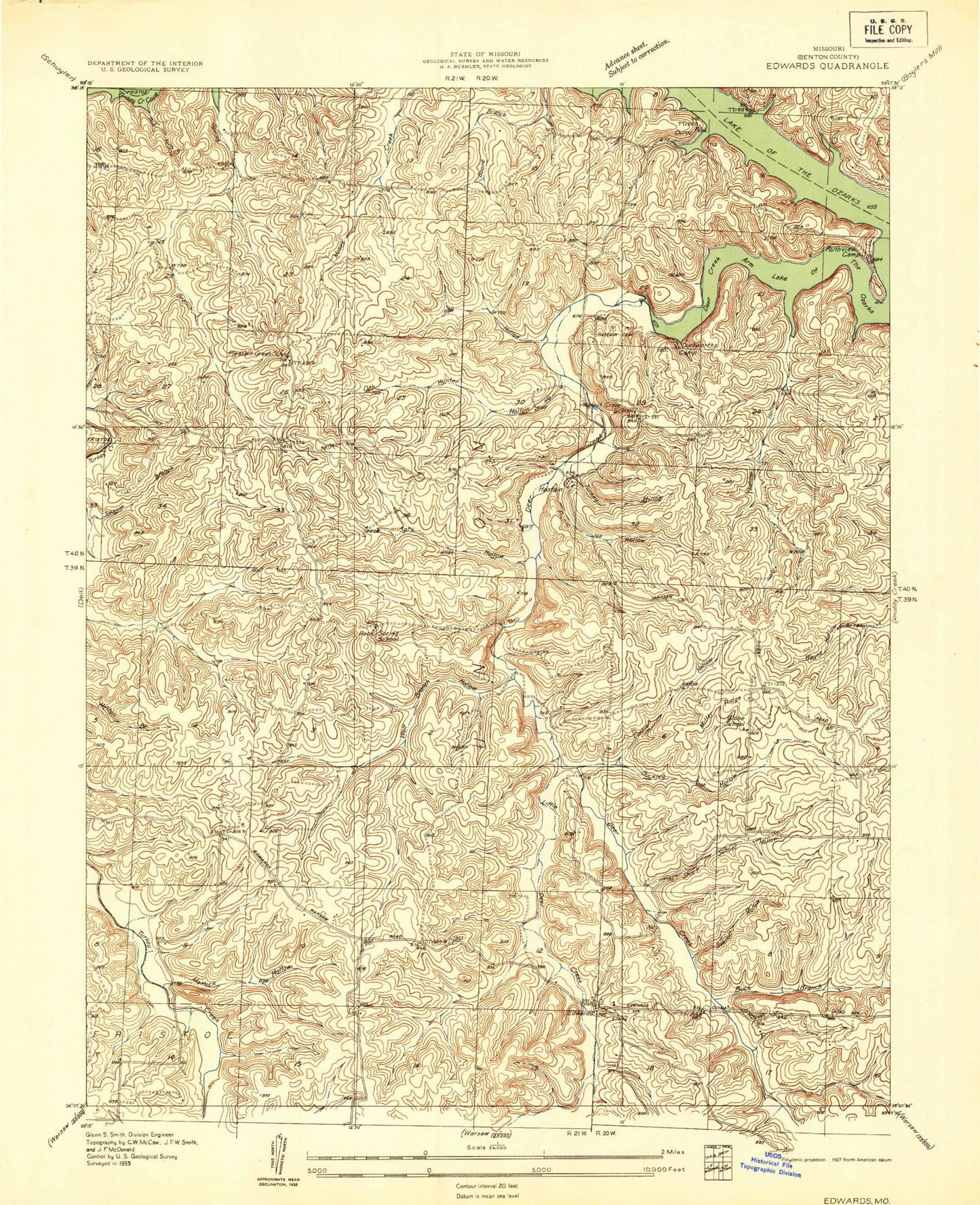 Classic USGS Edwards Missouri 7.5'x7.5' Topo Map Image