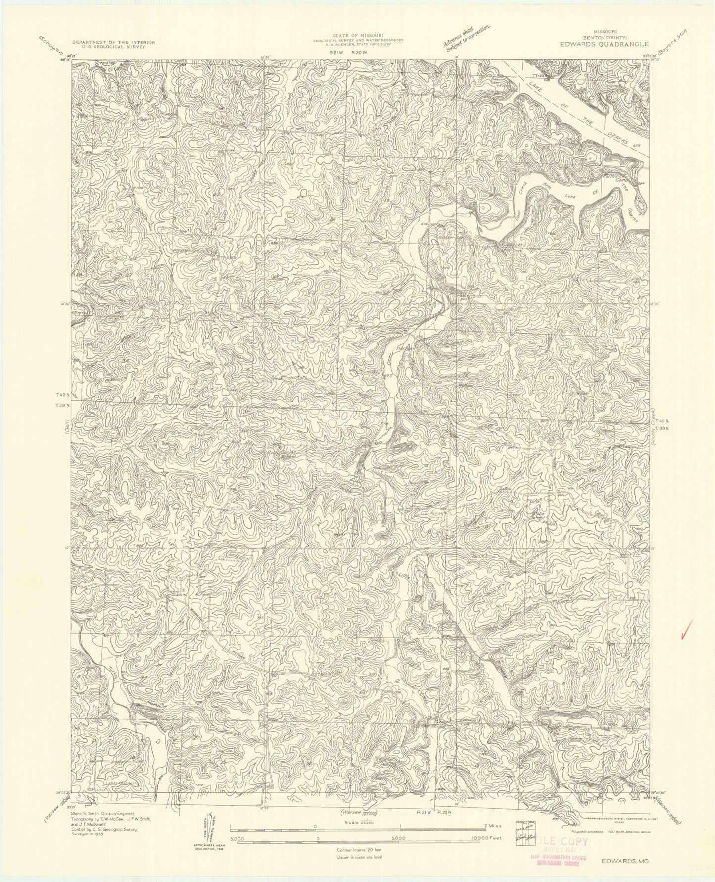 Classic USGS Edwards Missouri 7.5'x7.5' Topo Map Image