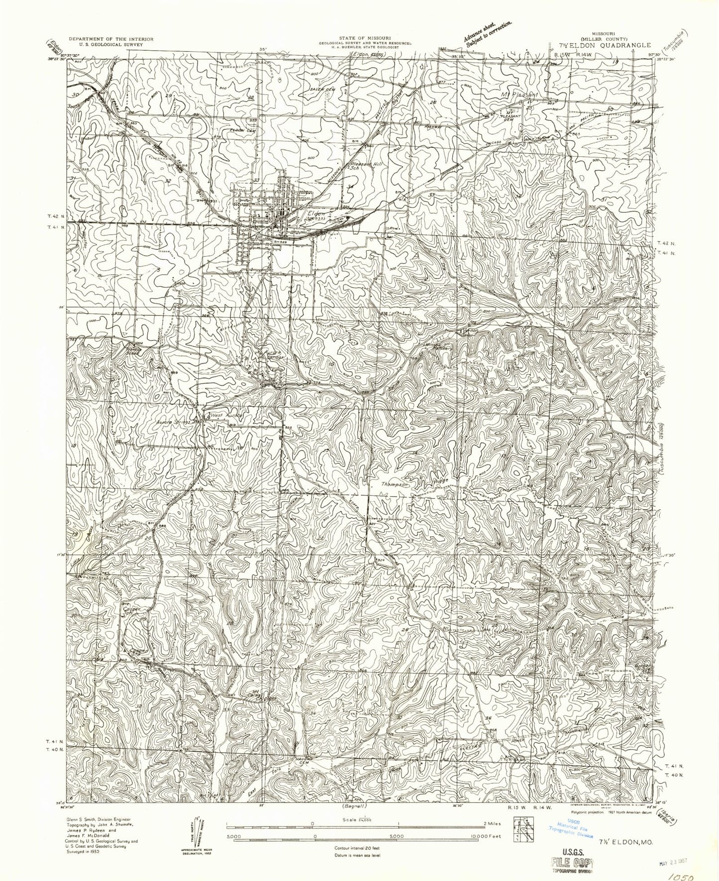 Classic USGS Eldon Missouri 7.5'x7.5' Topo Map Image