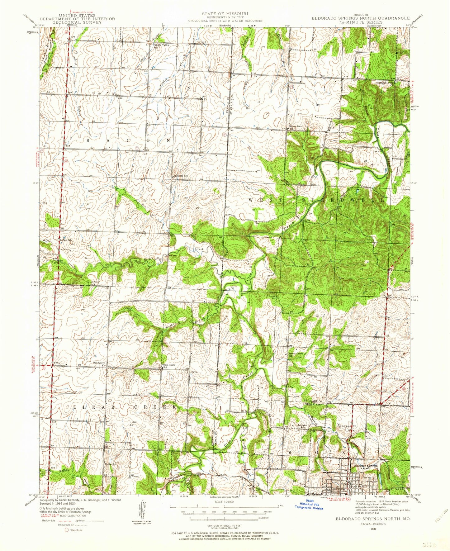 Classic USGS El Dorado Springs North Missouri 7.5'x7.5' Topo Map Image