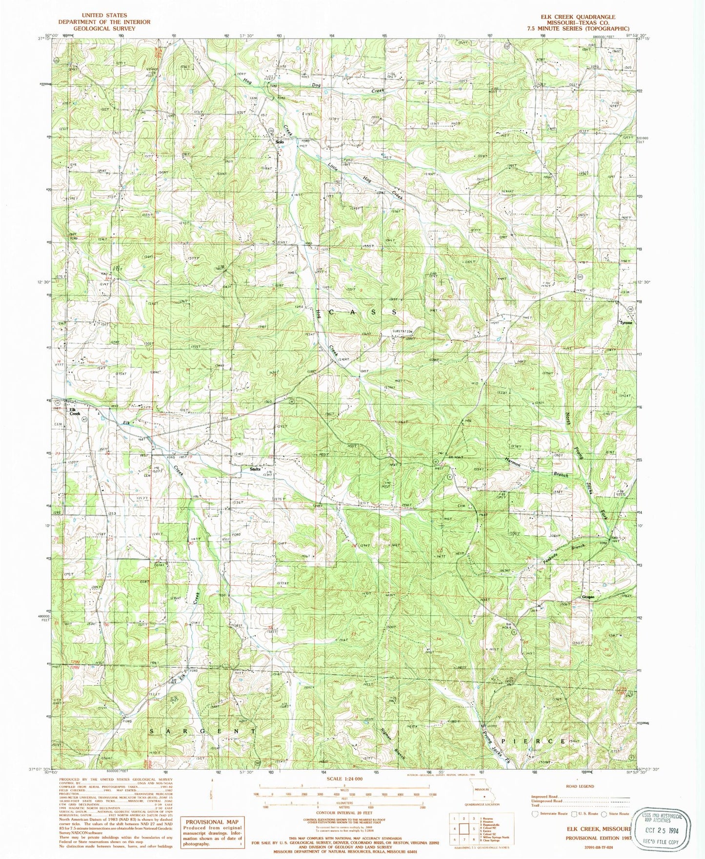 Classic USGS Elk Creek Missouri 7.5'x7.5' Topo Map Image