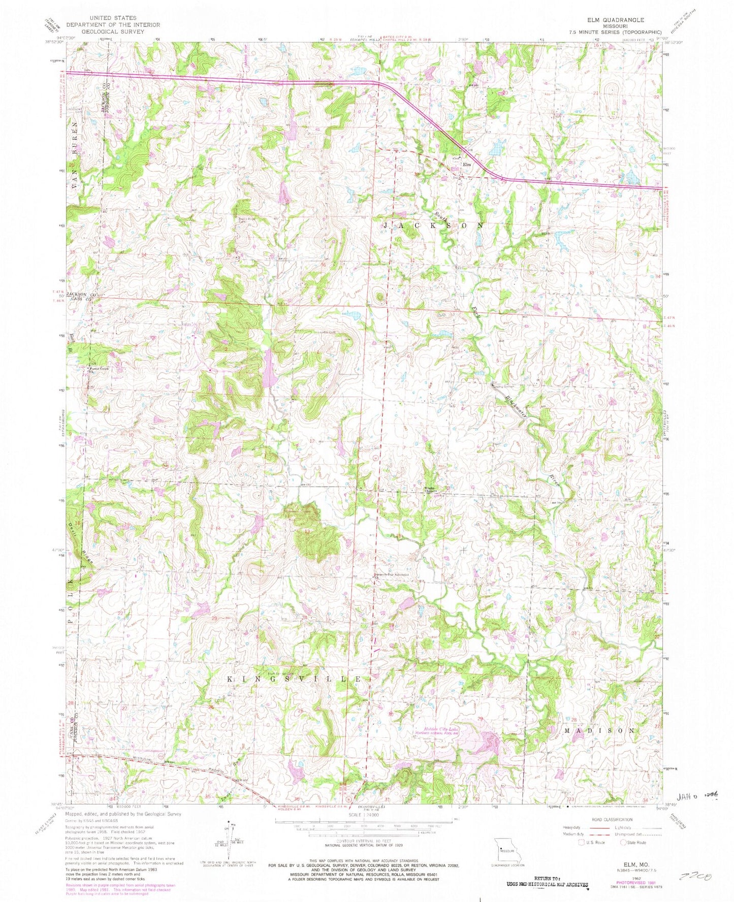 Classic USGS Elm Missouri 7.5'x7.5' Topo Map Image